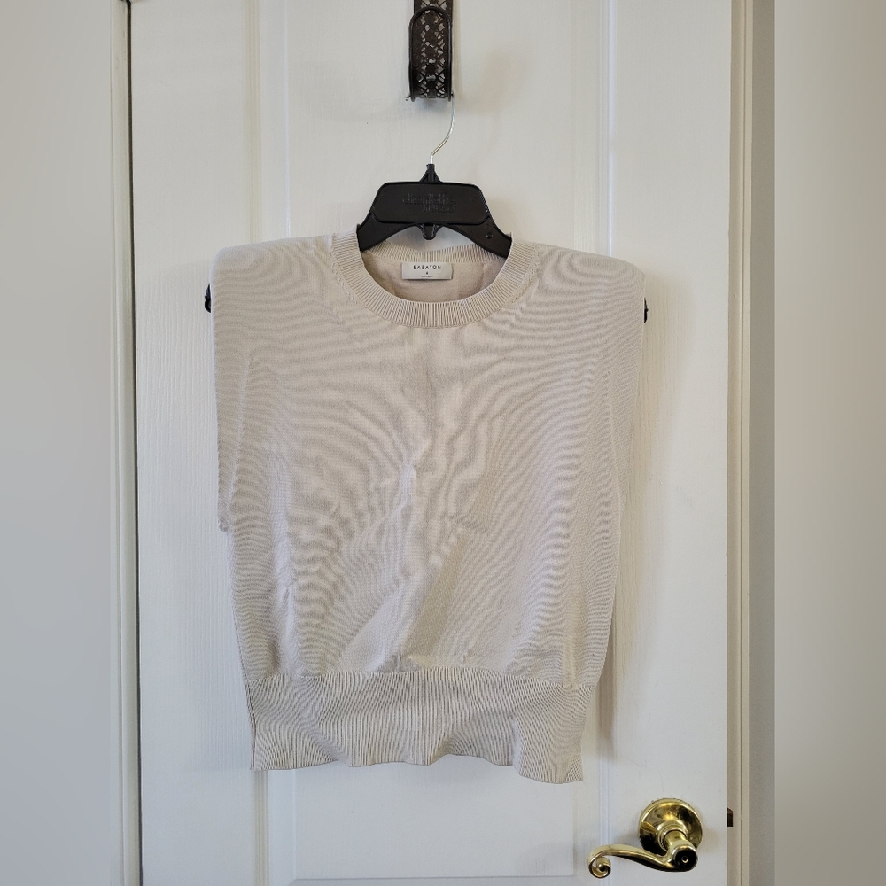 Babaton Sculpt Matte Shoulder Pad Sleeveless Sweater Top Pearl Tan Size Small